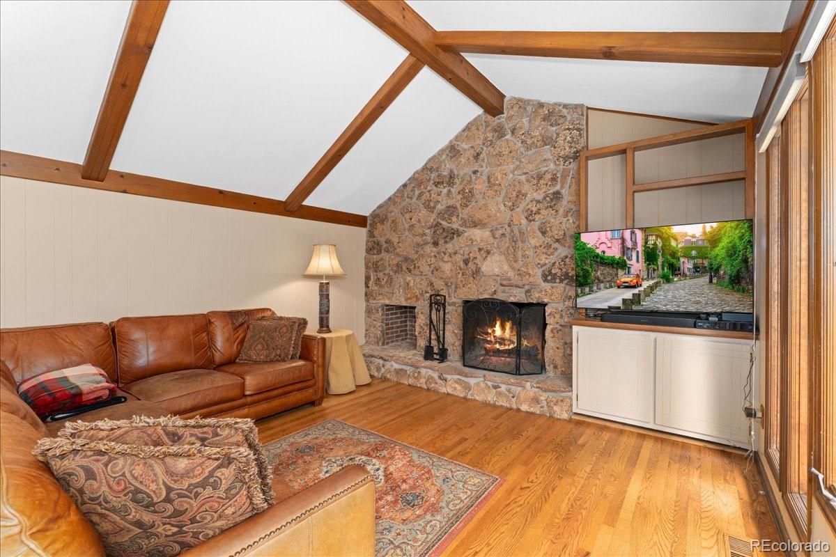 Fireplace, Interior, Living room, Stone Walls, Wooden Beams, Wood Texture Flooring