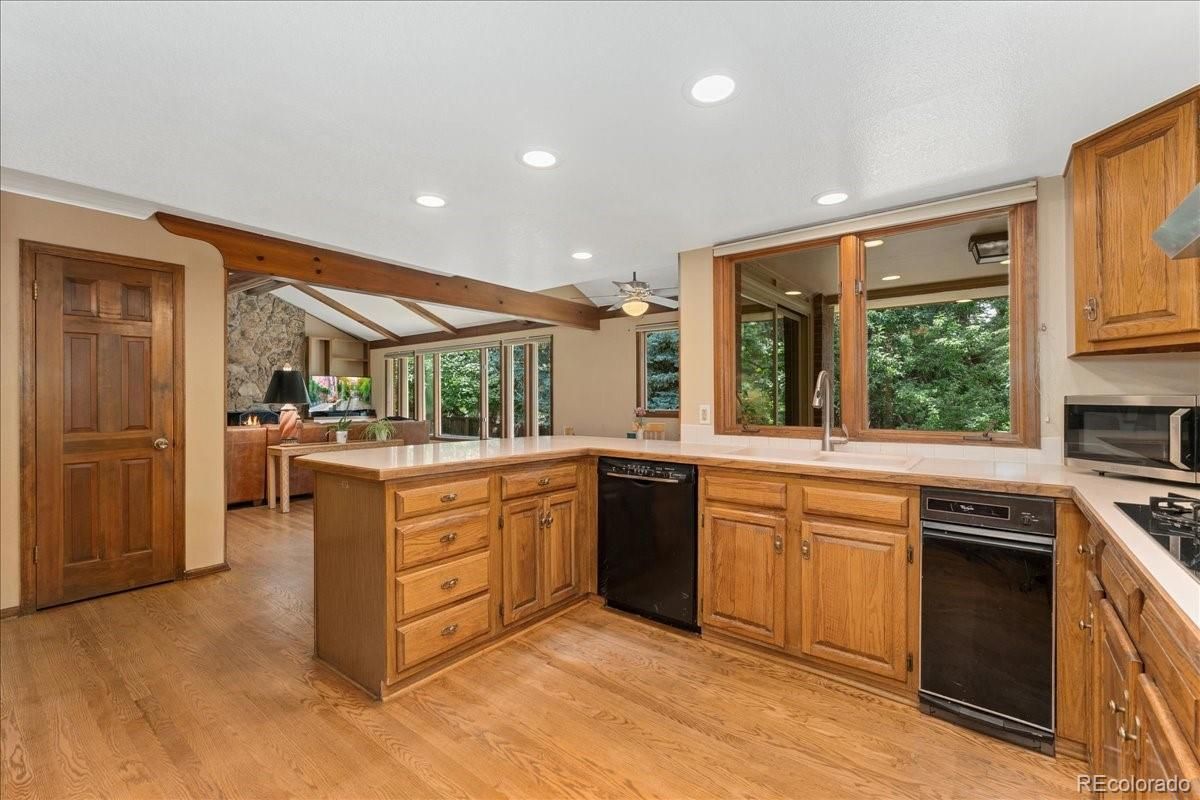 Interior, Kitchen, Recessed Lighting, Stone Walls, Wooden Beams, Wood Texture Flooring