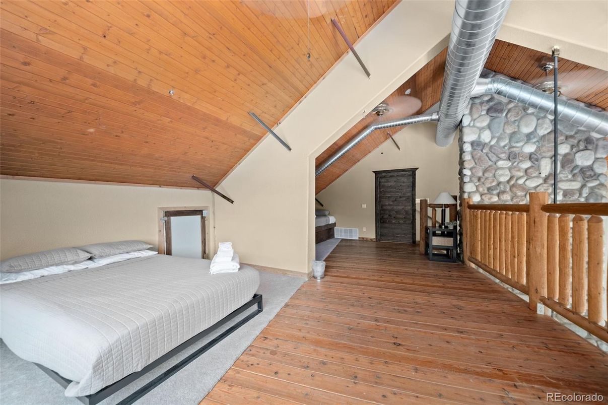 Bedroom, Fireplace, Interior, Wooden Ceilings, Wood Texture Flooring