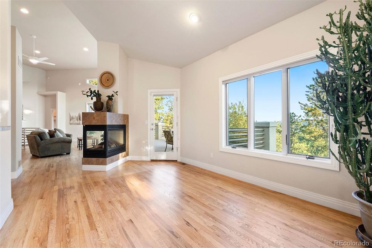 Empty room, Fireplace, Interior, Recessed Lighting, Wood Texture Flooring