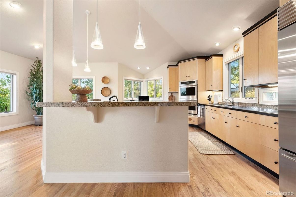 Interior, Kitchen, Pendant Lights, Recessed Lighting, Stainless Steel Appliances, Wood Texture Flooring