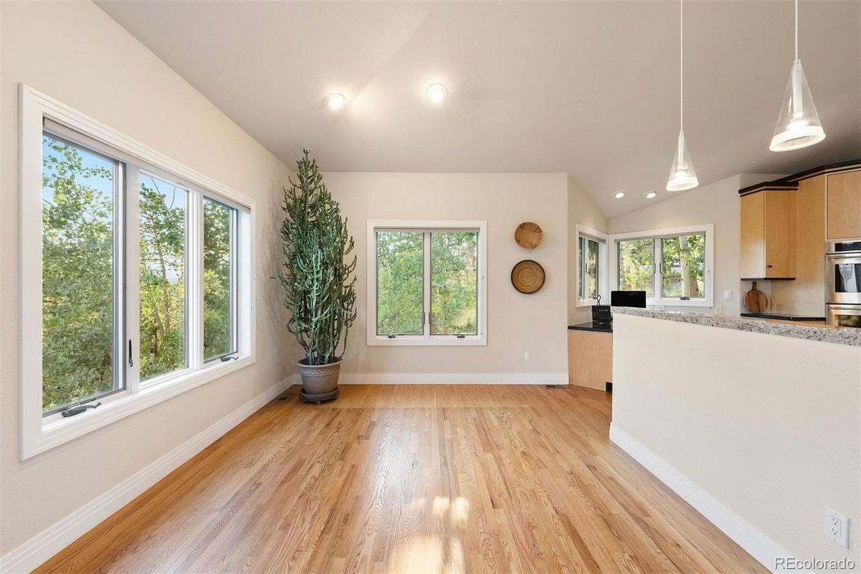 Empty room, Interior, Kitchen, Pendant Lights, Recessed Lighting, Stainless Steel Appliances, Wood Texture Flooring