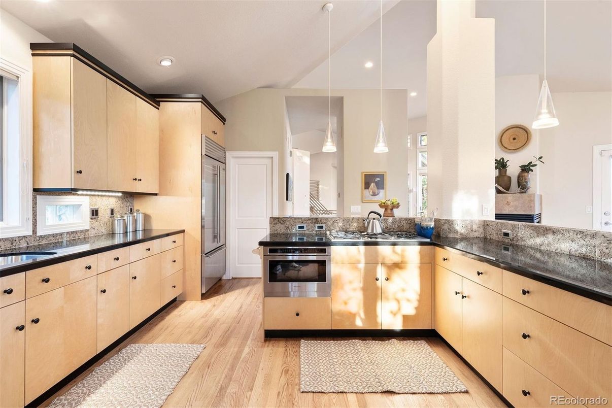 Interior, Kitchen, Pendant Lights, Recessed Lighting, Stainless Steel Appliances, Wood Texture Flooring