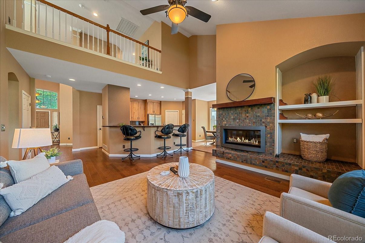 Fireplace, Interior, Kitchen, Living room, Recessed Lighting, Wood Texture Flooring