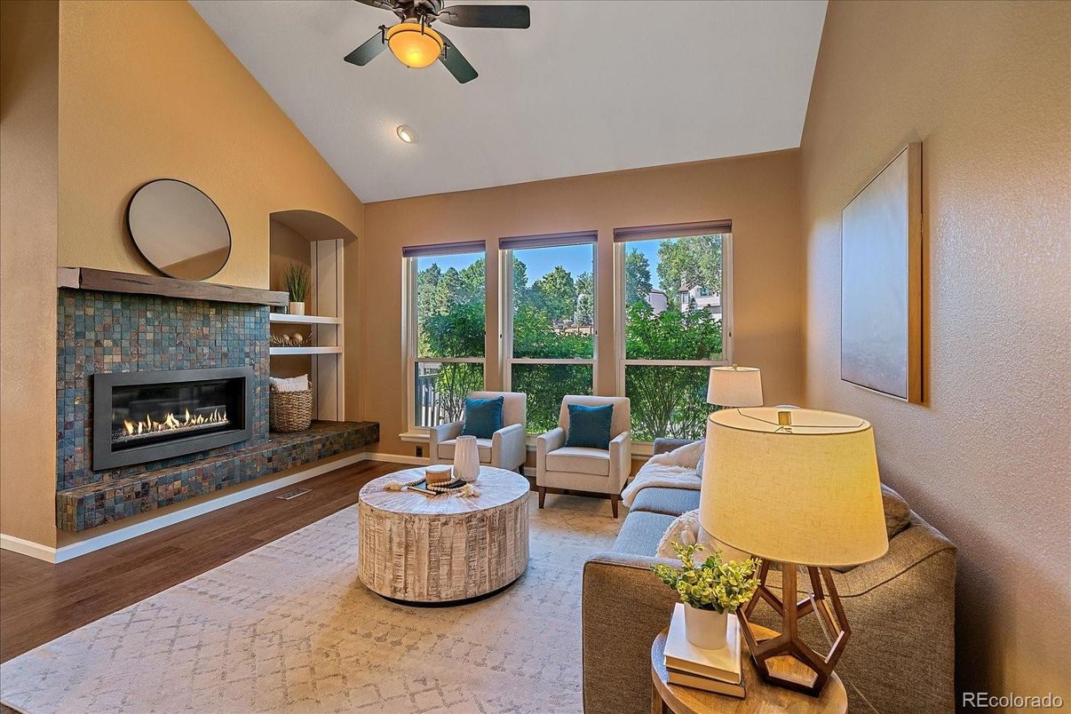 Fireplace, Interior, Living room, Recessed Lighting, Wood Texture Flooring