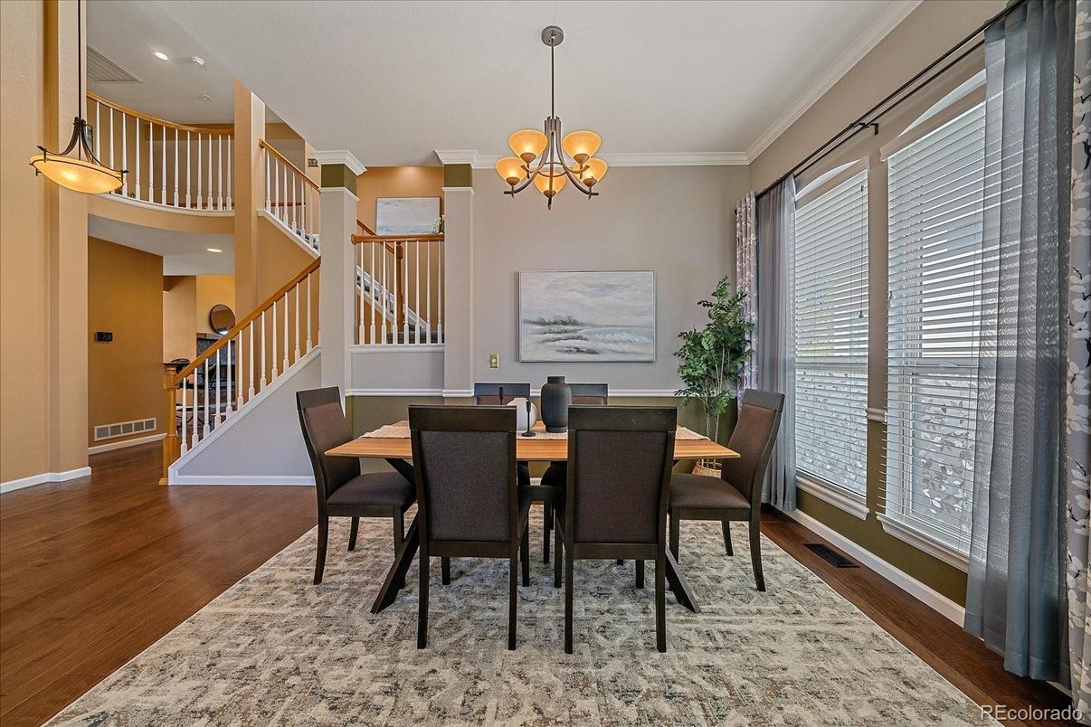 Chandelier, Dining room, Interior, Pendant Lights, Recessed Lighting, Wood Texture Flooring