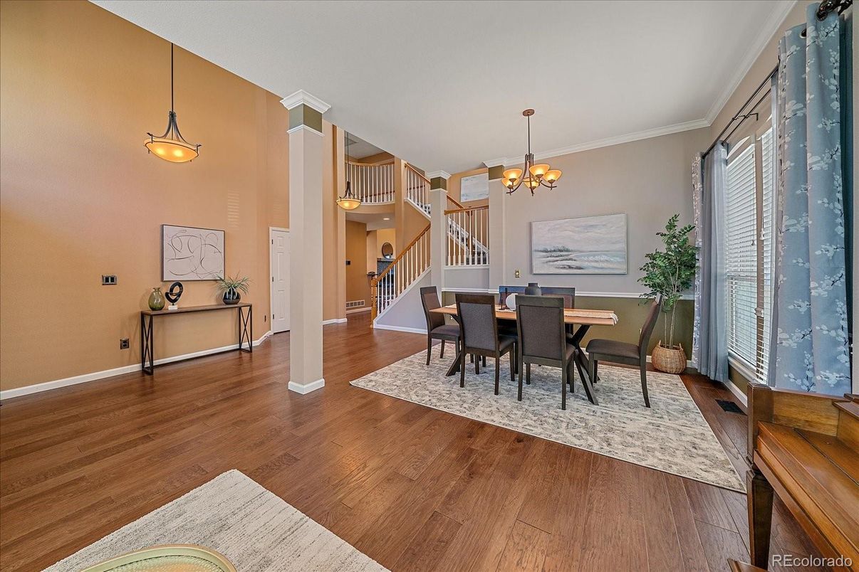 Chandelier, Dining room, Interior, Pendant Lights, Wood Texture Flooring