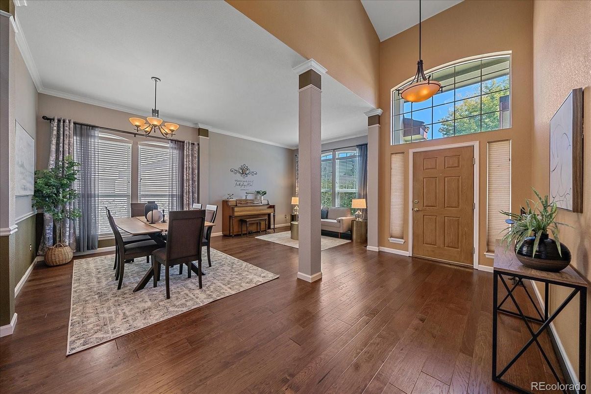 Chandelier, Dining room, Interior, Pendant Lights, Wood Texture Flooring