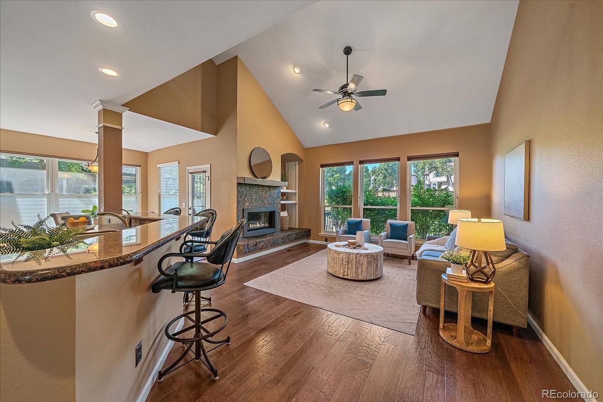 Fireplace, Interior, Living room, Recessed Lighting, Wood Texture Flooring