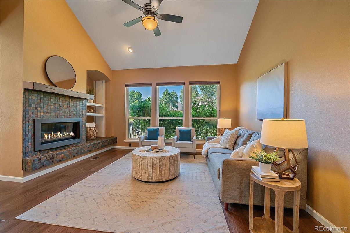 Fireplace, Interior, Living room, Recessed Lighting, Wood Texture Flooring