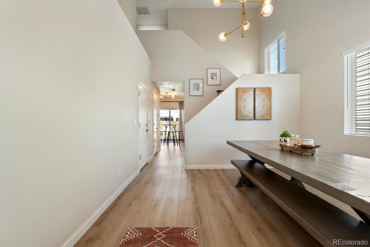 Dining room, Interior, Pendant Lights, Wood Texture Flooring