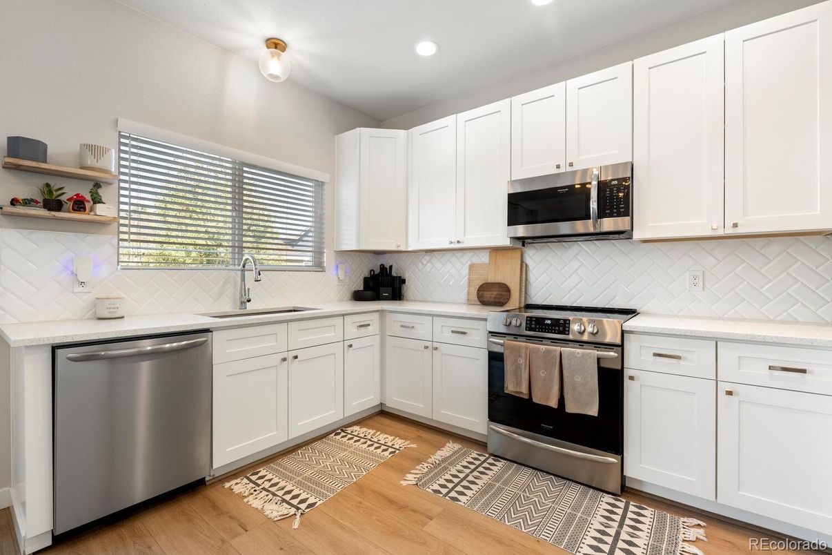 Interior, Kitchen, Recessed Lighting, Stainless Steel Appliances, Wood Texture Flooring