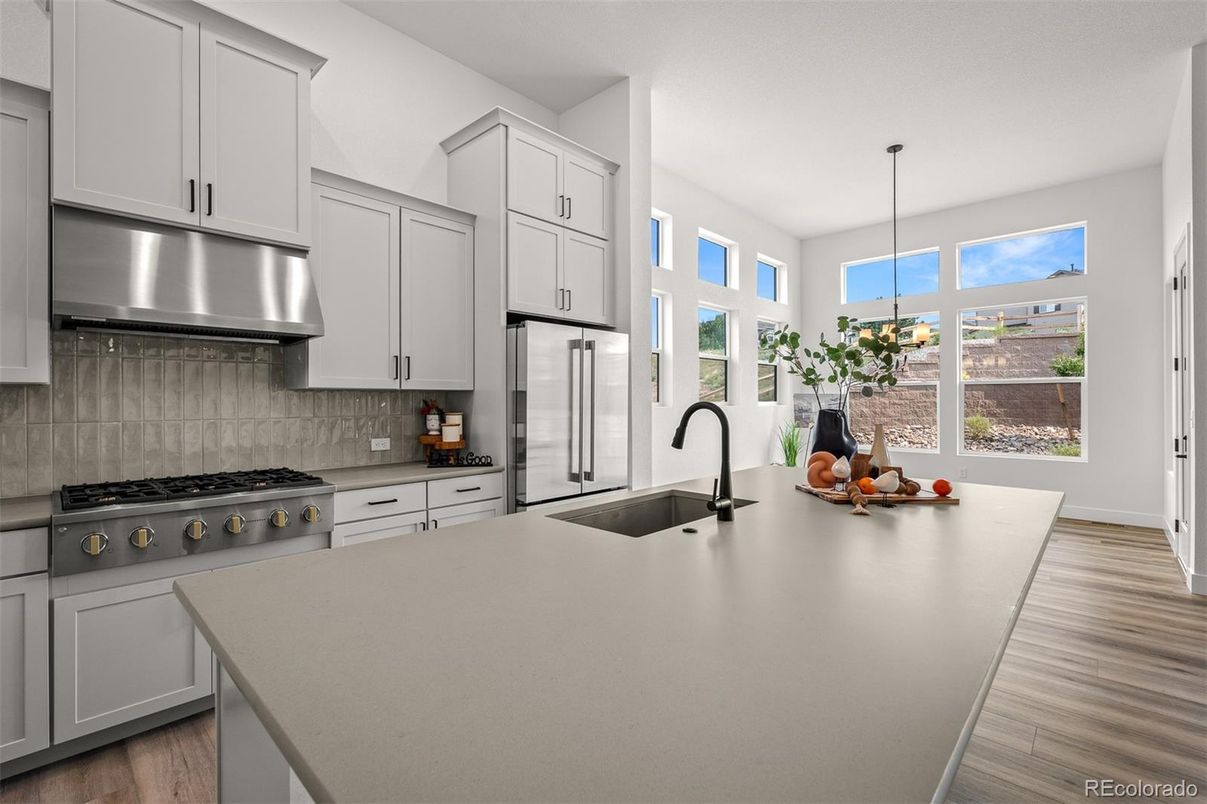 Interior, Kitchen, Pendant Lights, Stainless Steel Appliances, Wood Texture Flooring