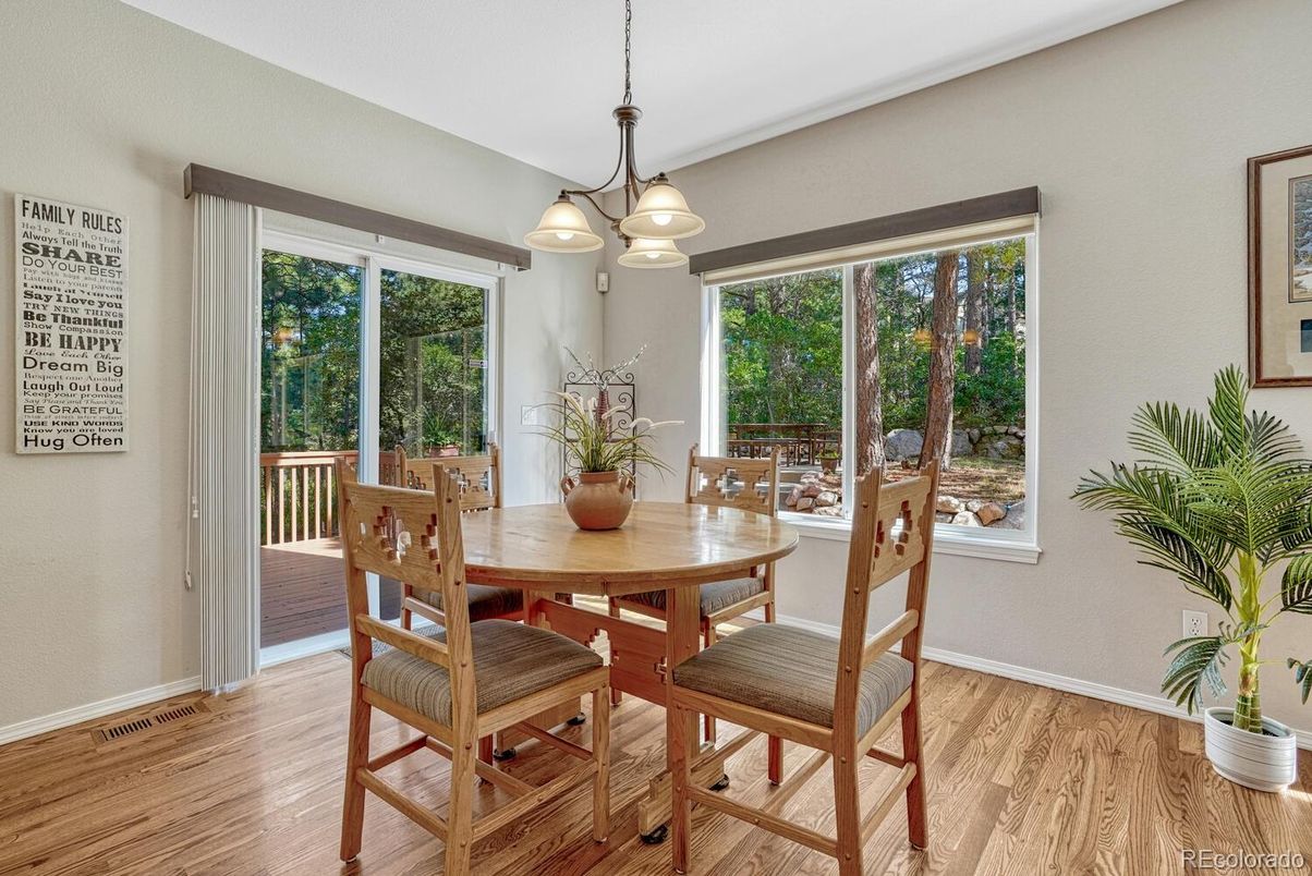 Dining room, Interior, Pendant Lights, Wood Texture Flooring