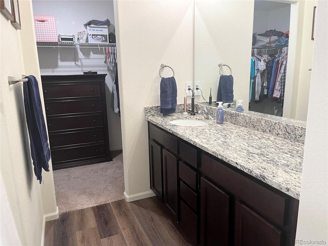 Bathroom, Dual Sink Vanities, Interior, Walk-in Closets, Wood Texture Flooring