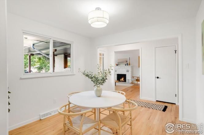 Dining room, Fireplace, Interior, Wood Texture Flooring
