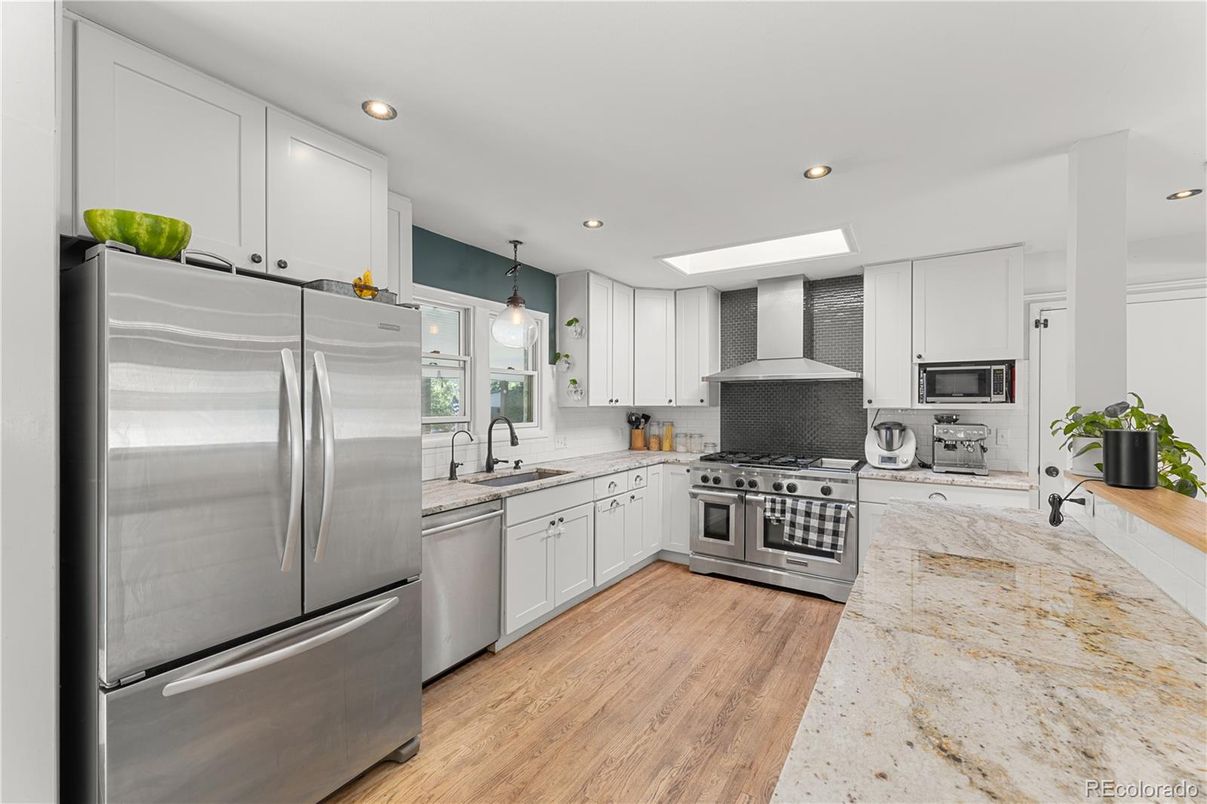 Interior, Kitchen, Pendant Lights, Recessed Lighting, Stainless Steel Appliances, Wood Texture Flooring