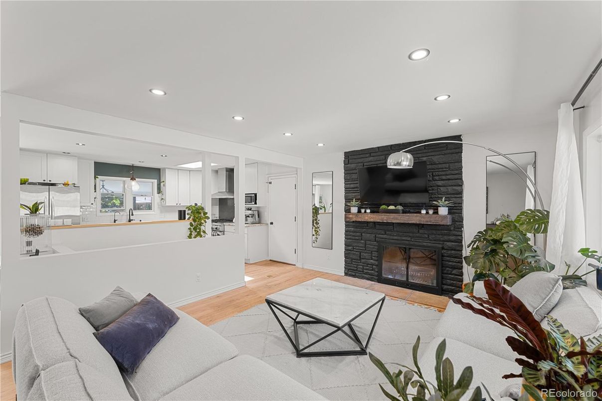 Fireplace, Interior, Kitchen, Living room, Recessed Lighting, Wood Texture Flooring