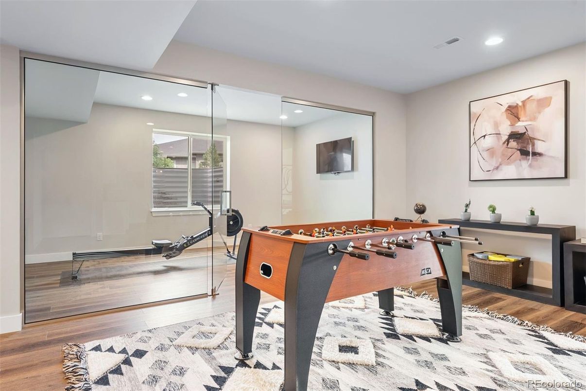 Fitness Equipment, Game Room, Interior, Recessed Lighting, Wood Texture Flooring