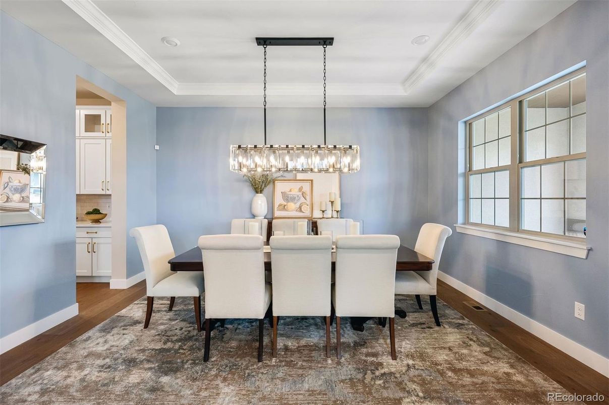 Dining room, Interior, Pendant Lights, Wood Texture Flooring