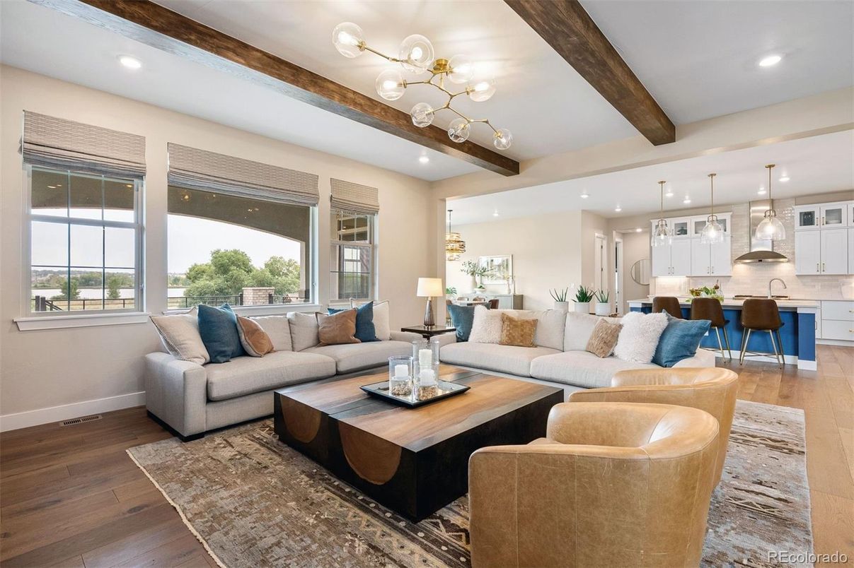 Interior, Kitchen, Living room, Pendant Lights, Recessed Lighting, Wooden Beams, Wood Texture Flooring