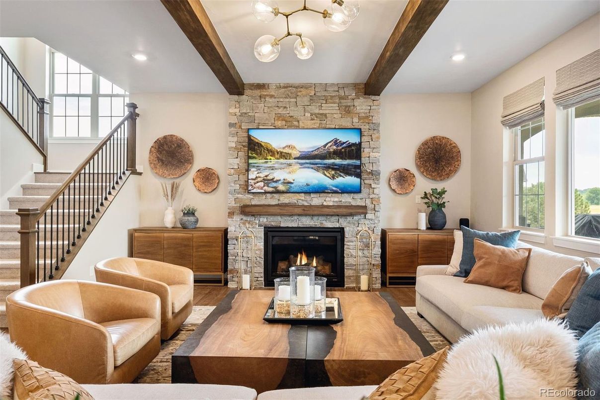 Fireplace, Interior, Living room, Recessed Lighting, Stone Walls, Wooden Beams, Wood Texture Flooring