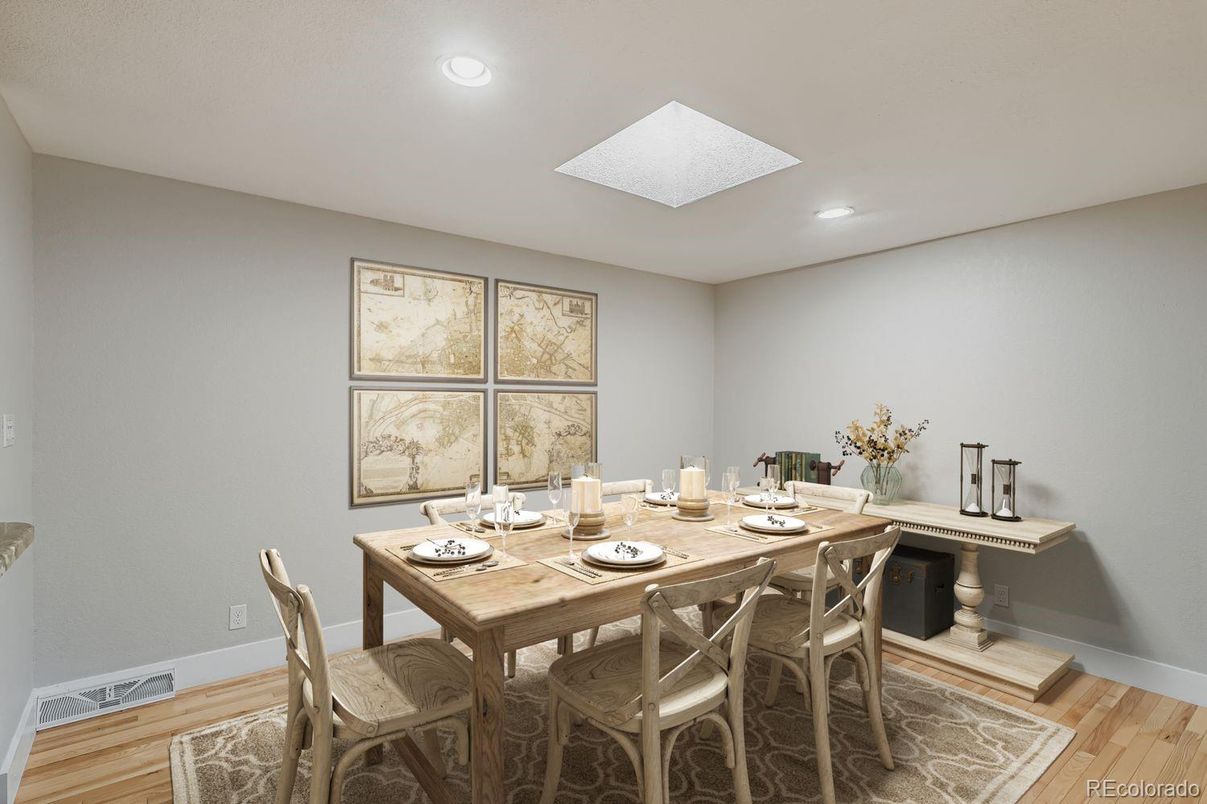 Dining room, Interior, Recessed Lighting, Wood Texture Flooring