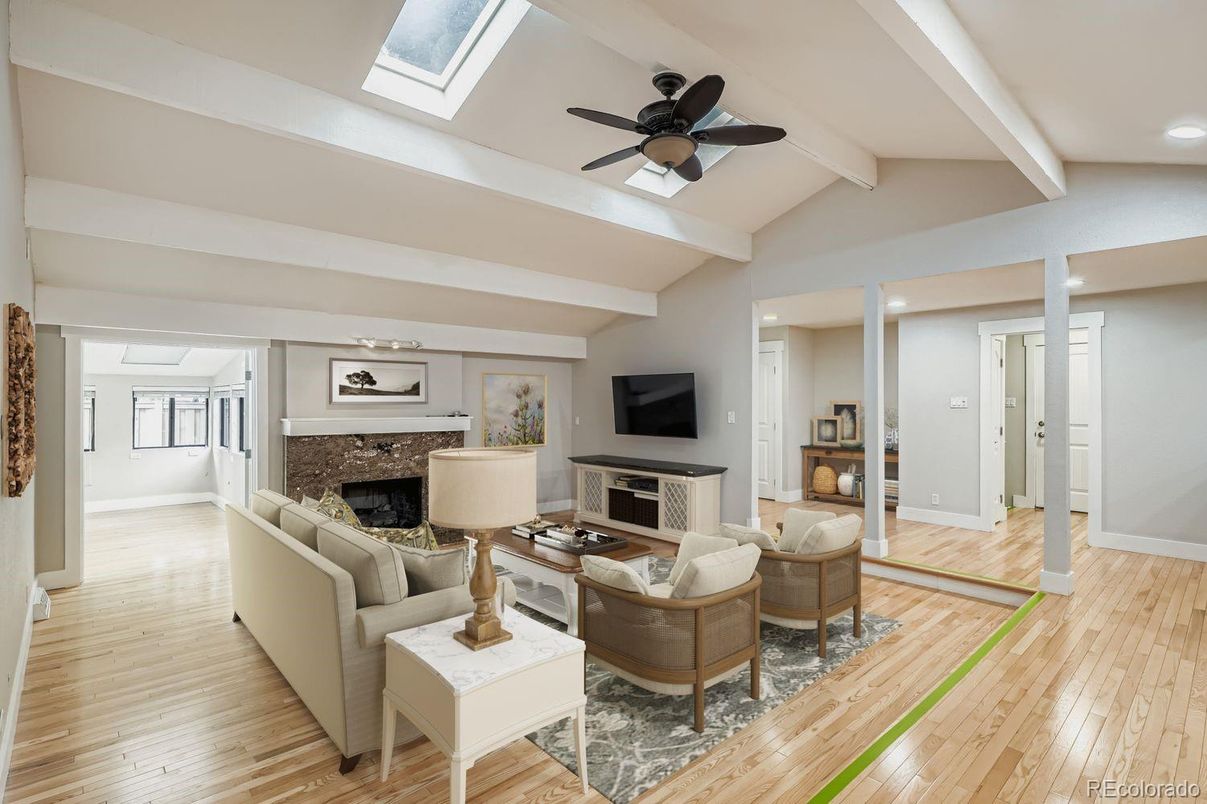 Fireplace, Interior, Living room, Recessed Lighting, Wood Texture Flooring