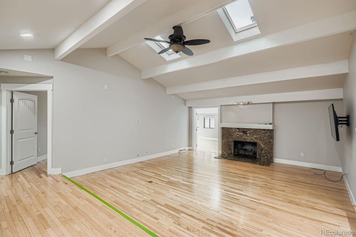Empty room, Fireplace, Interior, Recessed Lighting, Wood Texture Flooring