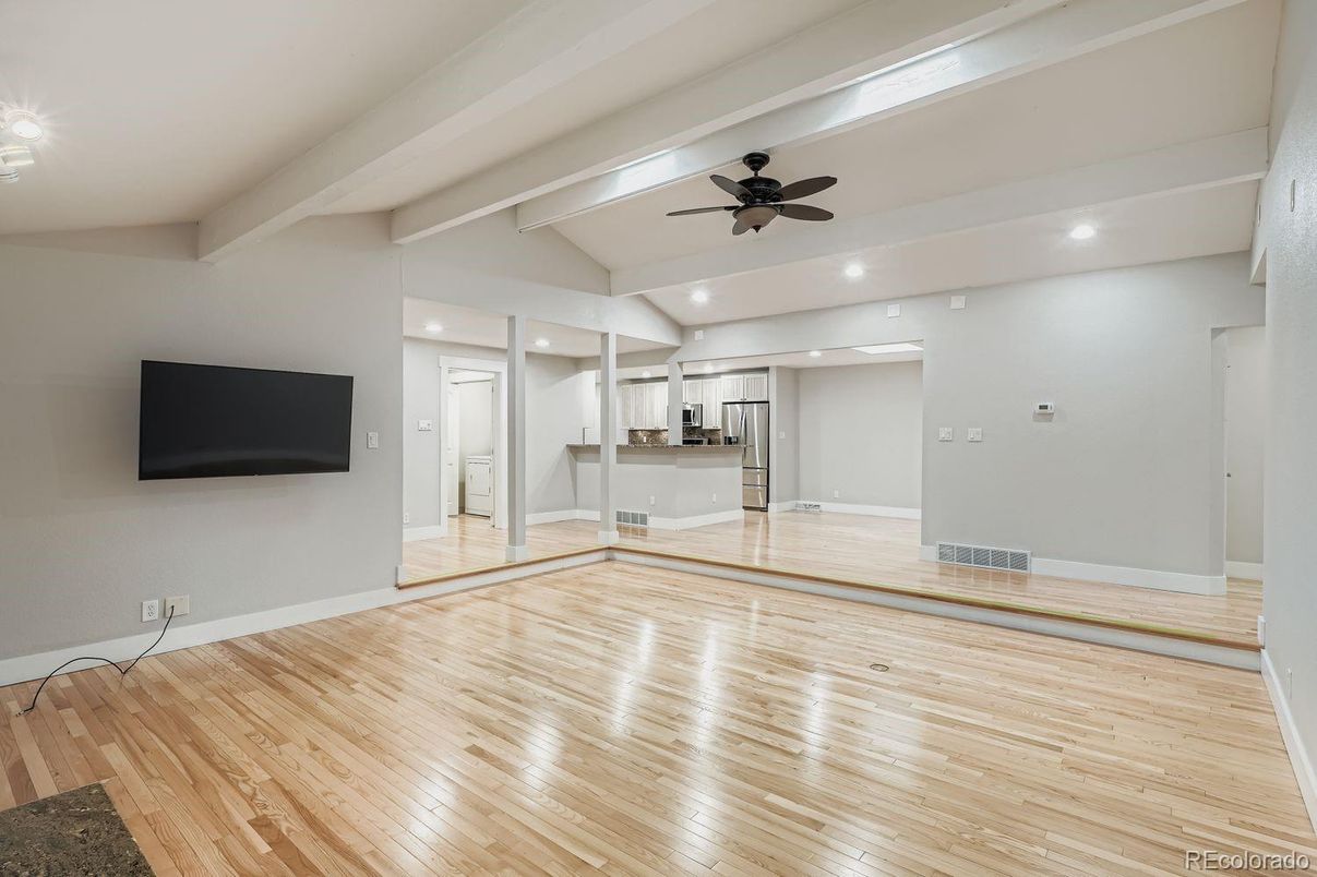 Empty room, Interior, Kitchen, Recessed Lighting, Wood Texture Flooring