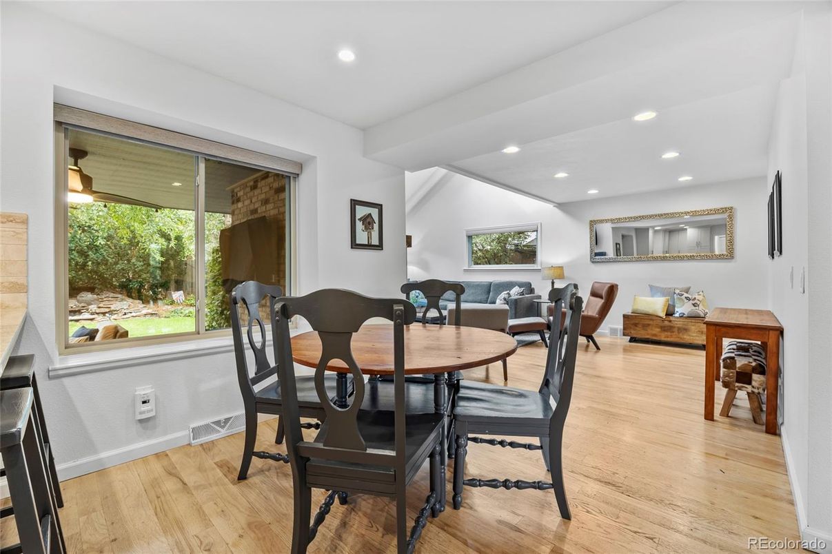 Dining room, Interior, Recessed Lighting, Wood Texture Flooring