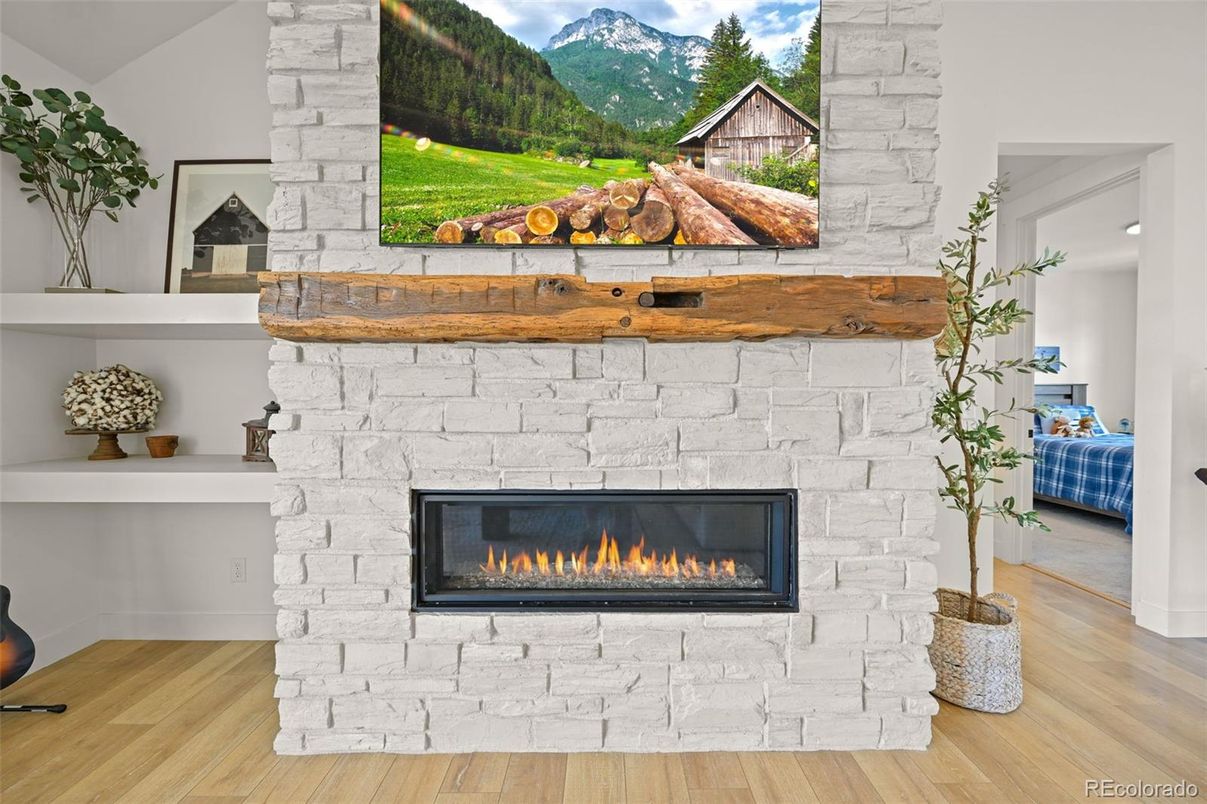 Fireplace, Interior, Stone Walls, Wood Texture Flooring