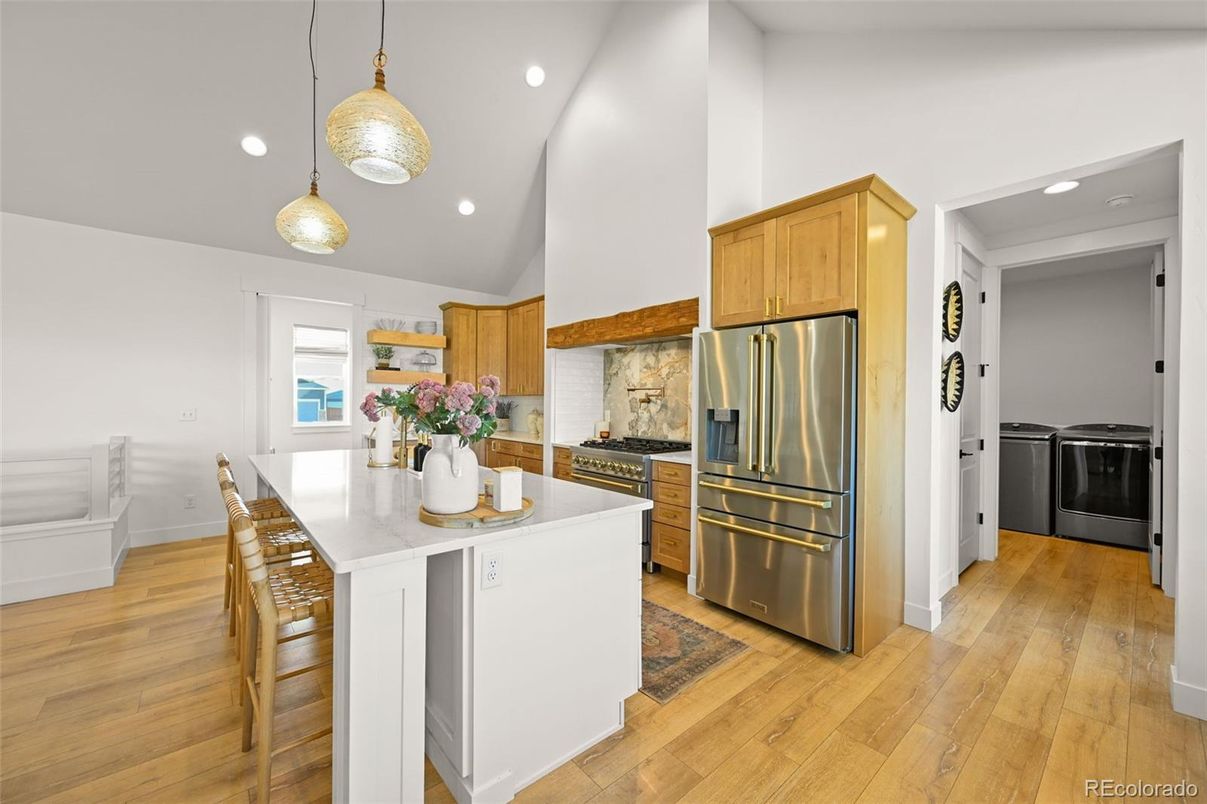Interior, Kitchen, Pendant Lights, Recessed Lighting, Stainless Steel Appliances, Wood Texture Flooring