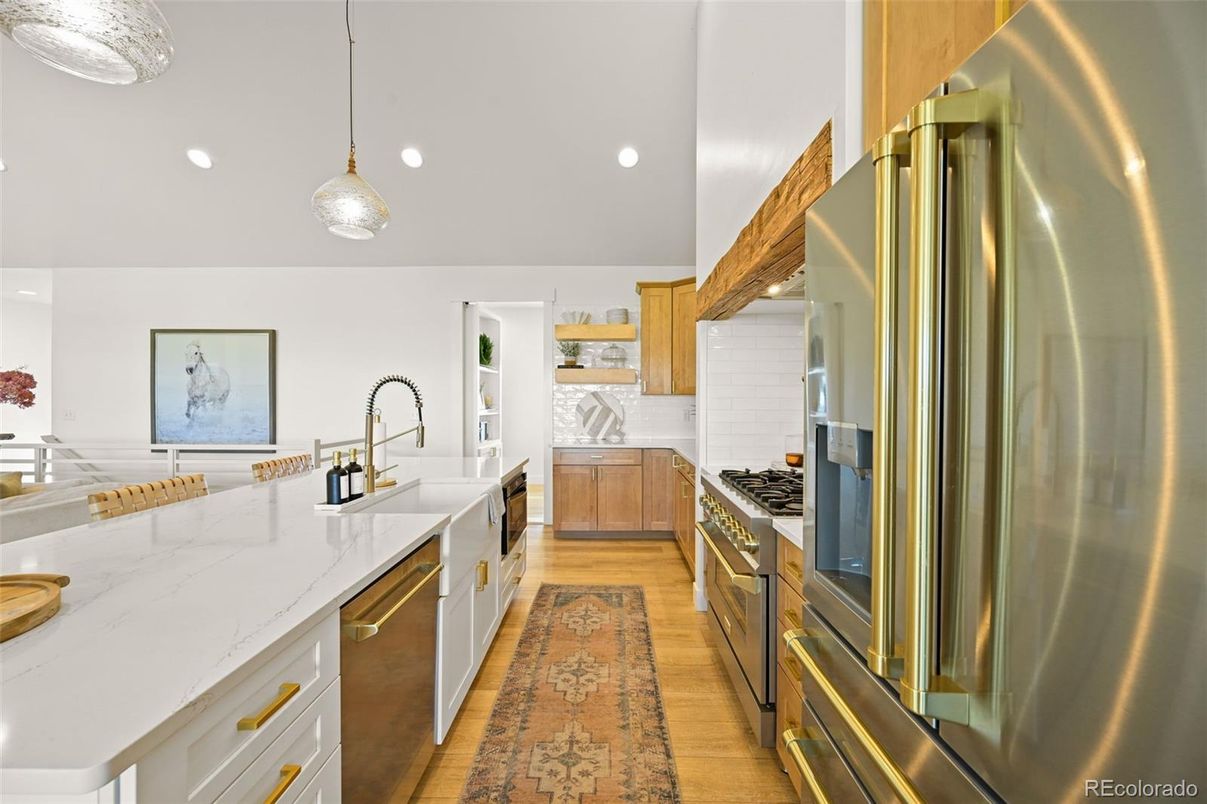 Interior, Kitchen, Pendant Lights, Recessed Lighting, Stainless Steel Appliances, Wood Texture Flooring