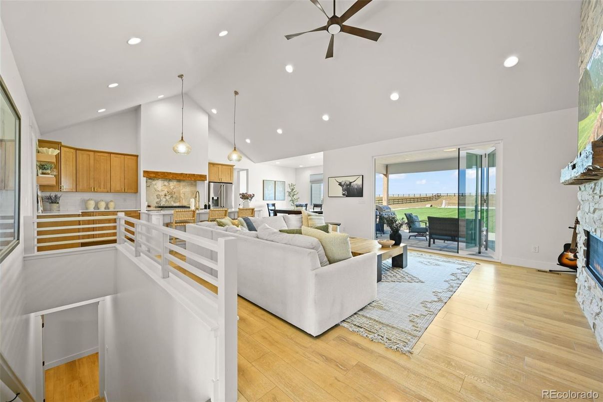 Fireplace, Interior, Kitchen, Living room, Pendant Lights, Recessed Lighting, Wood Texture Flooring