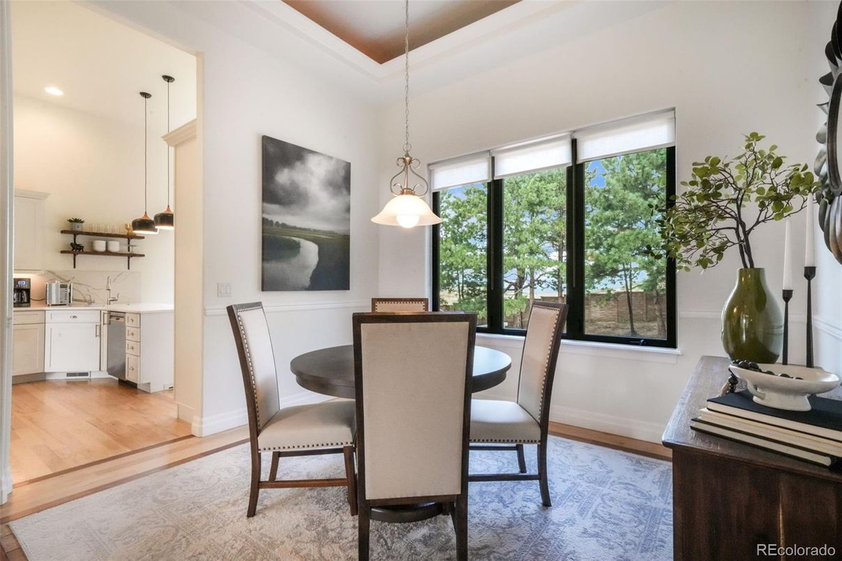 Dining room, Interior, Kitchen, Pendant Lights, Recessed Lighting, Wood Texture Flooring