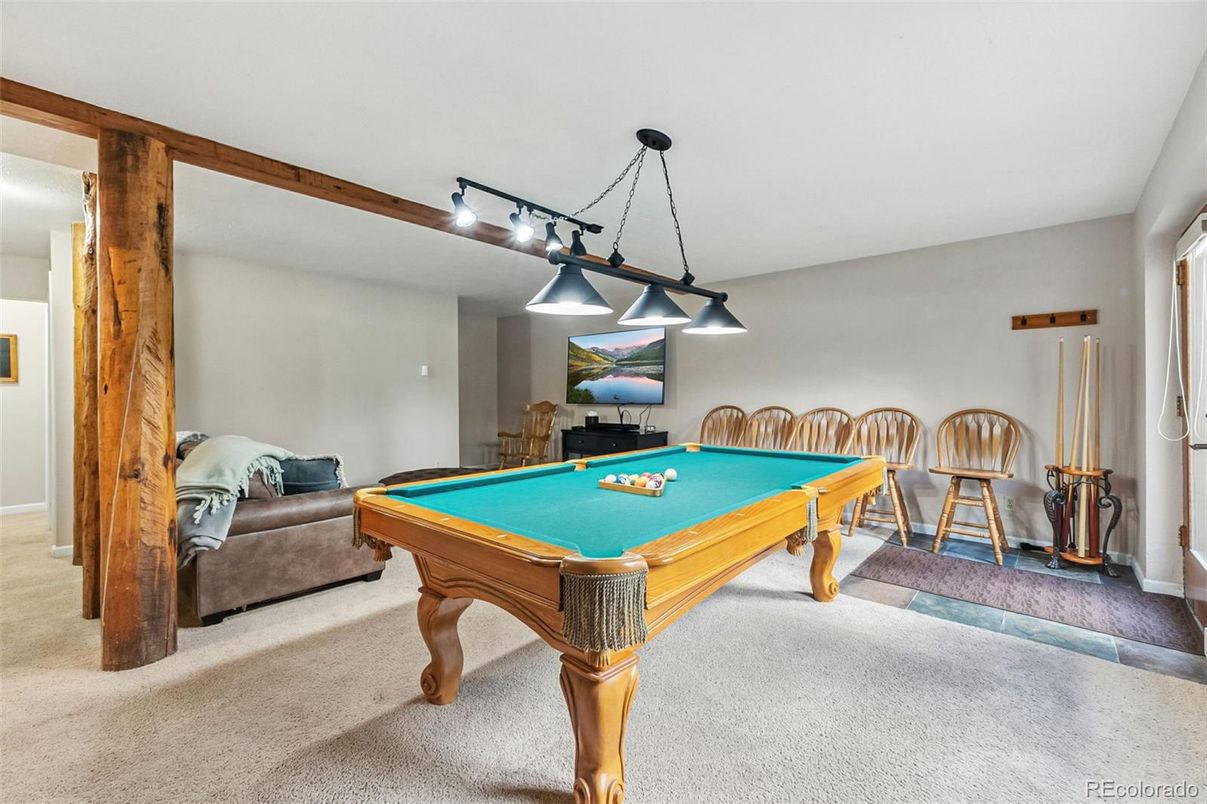 Billiard Table, Chandelier, Game Room, Interior, Pendant Lights