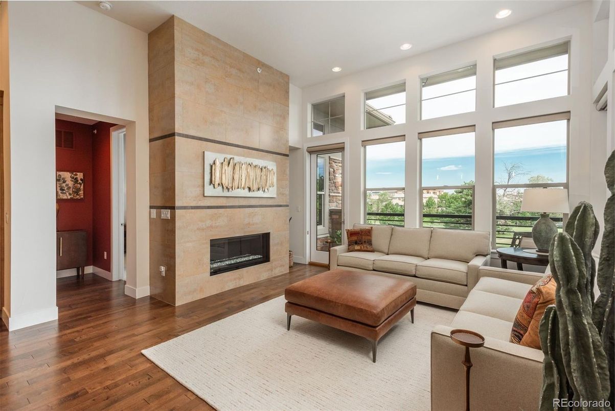 Fireplace, Interior, Living room, Recessed Lighting, Water, Wood Texture Flooring