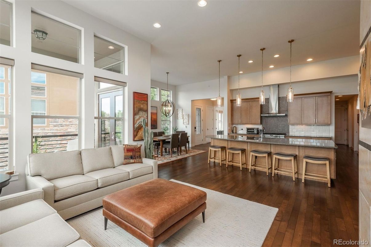 Dining room, Interior, Kitchen, Living room, Pendant Lights, Recessed Lighting, Stainless Steel Appliances, Wood Texture Flooring