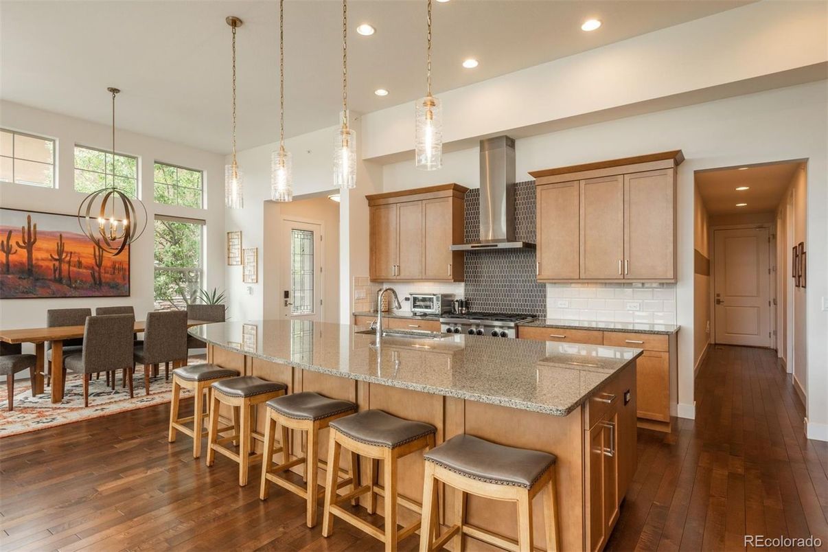 Dining room, Interior, Kitchen, Pendant Lights, Recessed Lighting, Wood Texture Flooring