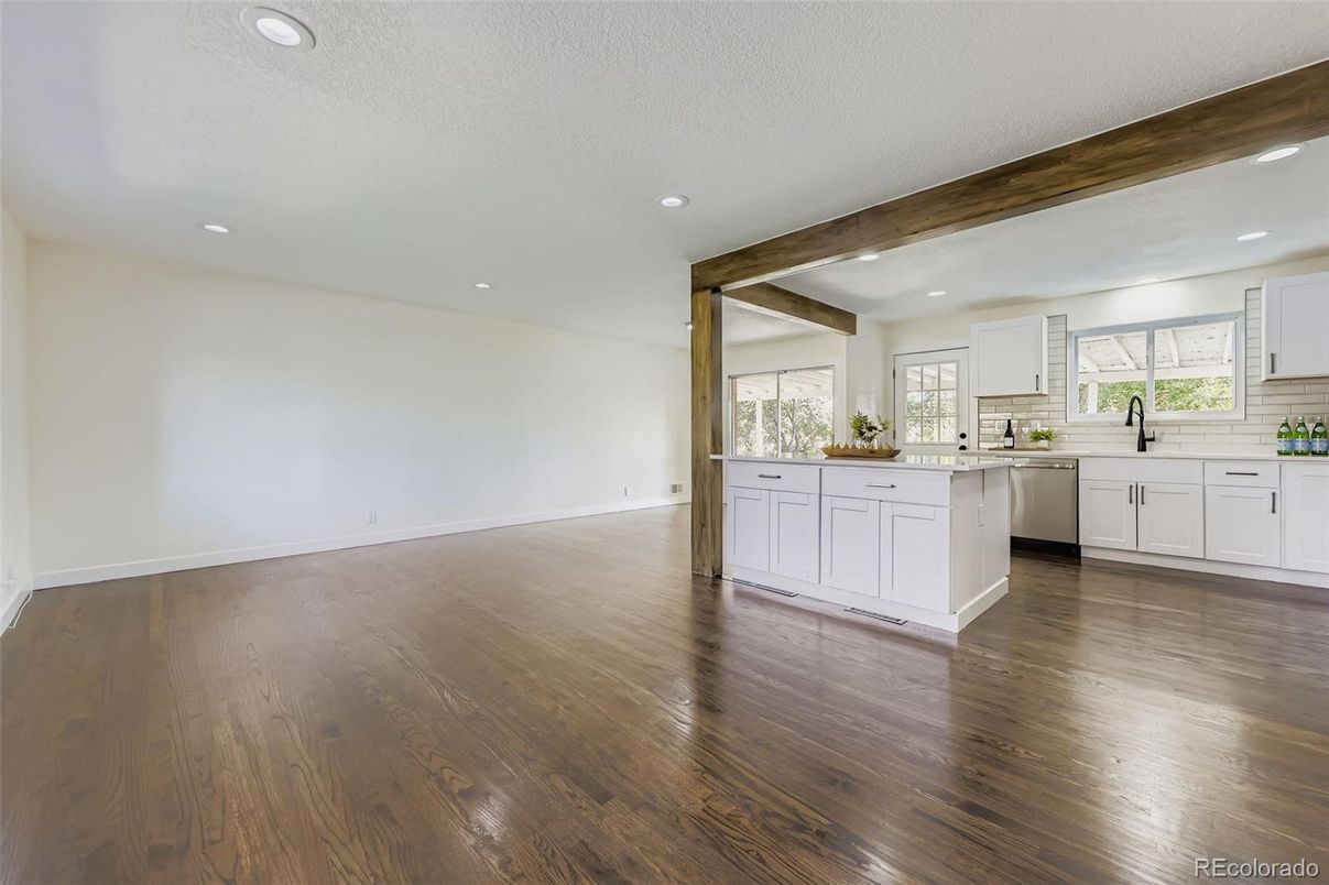 Empty room, Interior, Kitchen, Recessed Lighting, Wooden Beams, Wood Texture Flooring