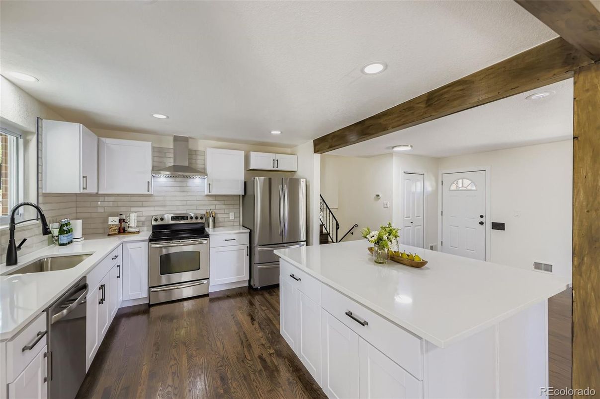 Interior, Kitchen, Recessed Lighting, Stainless Steel Appliances, Wooden Beams, Wood Texture Flooring