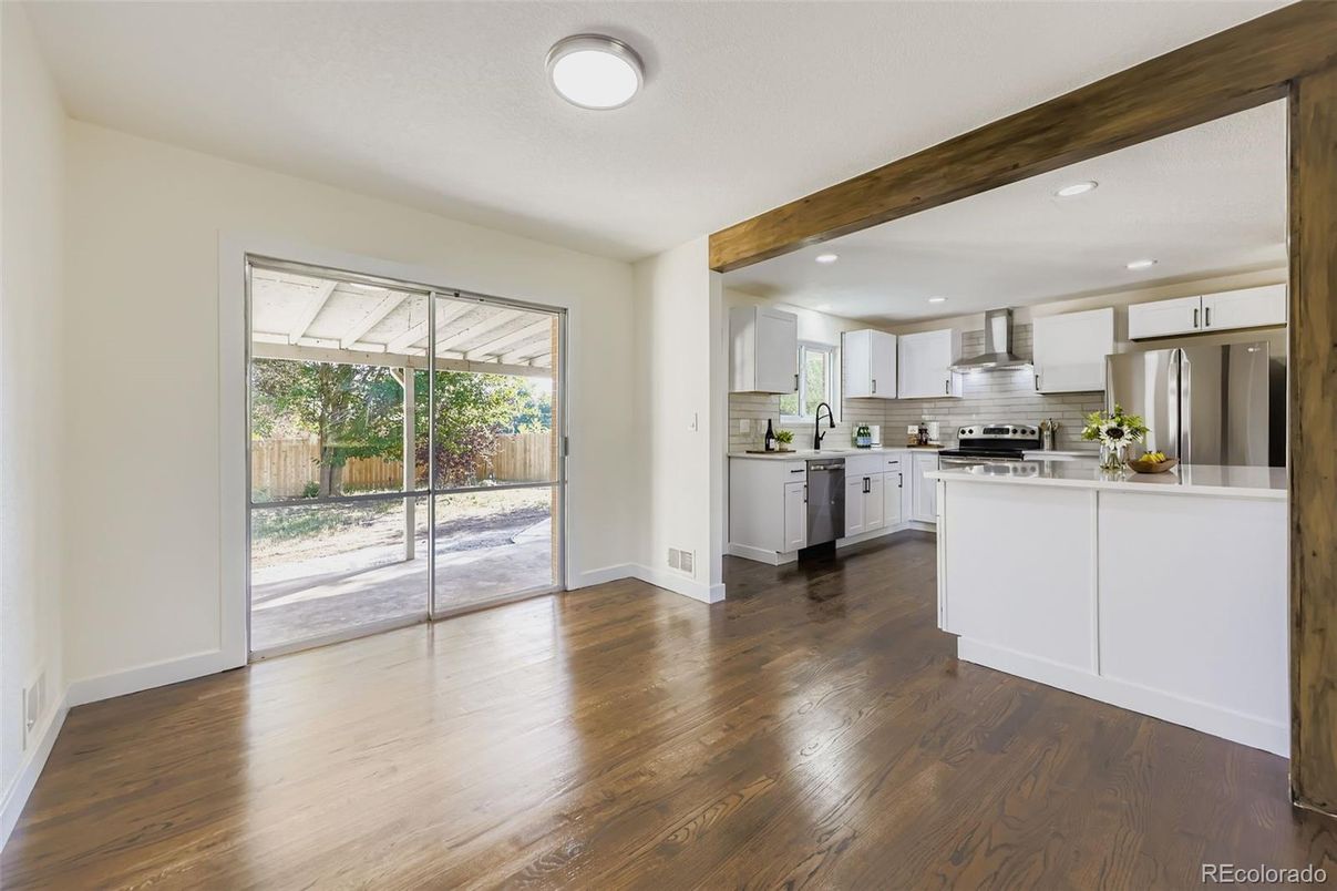 Interior, Kitchen, Recessed Lighting, Stainless Steel Appliances, Wooden Beams, Wood Texture Flooring