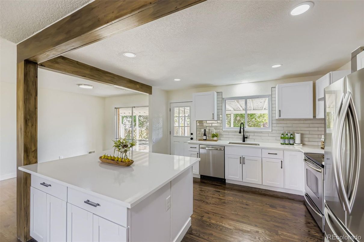 Interior, Kitchen, Recessed Lighting, Stainless Steel Appliances, Wooden Beams, Wood Texture Flooring