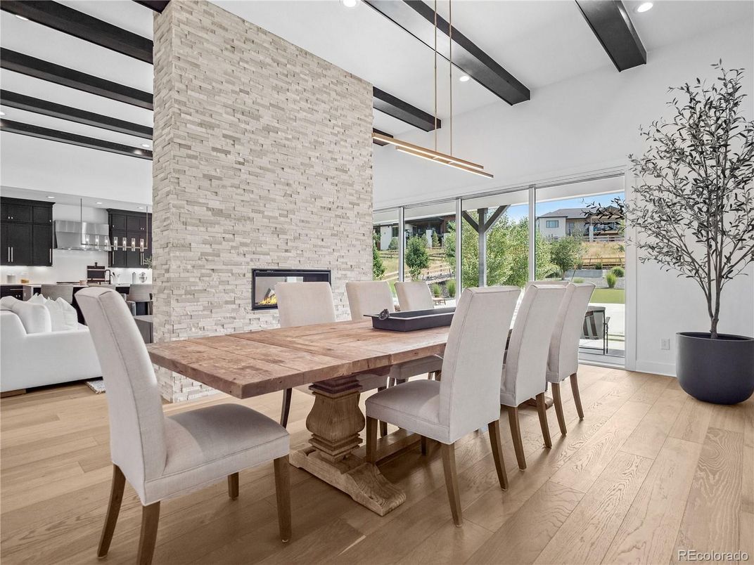 Dining room, Fireplace, Interior, Kitchen, Pendant Lights, Recessed Lighting, Stone Walls, Wooden Beams, Wood Texture Flooring