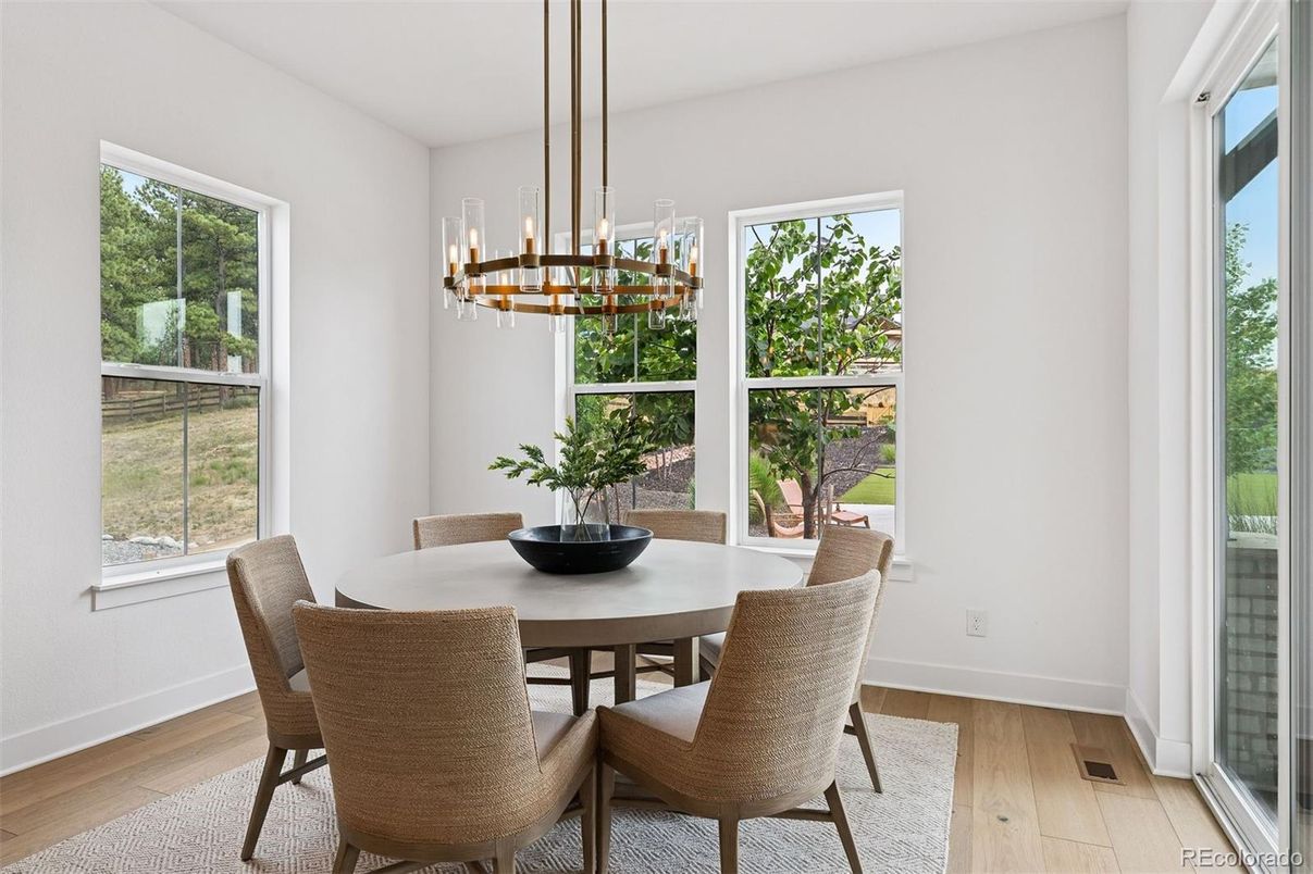 Dining room, Interior, Pendant Lights, Wood Texture Flooring
