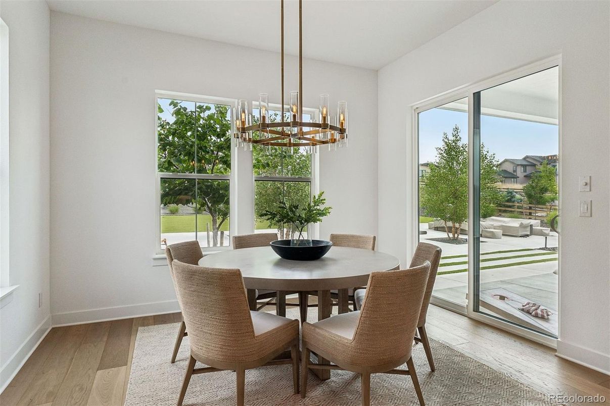 Chandelier, Dining room, Interior, Pendant Lights, Wood Texture Flooring