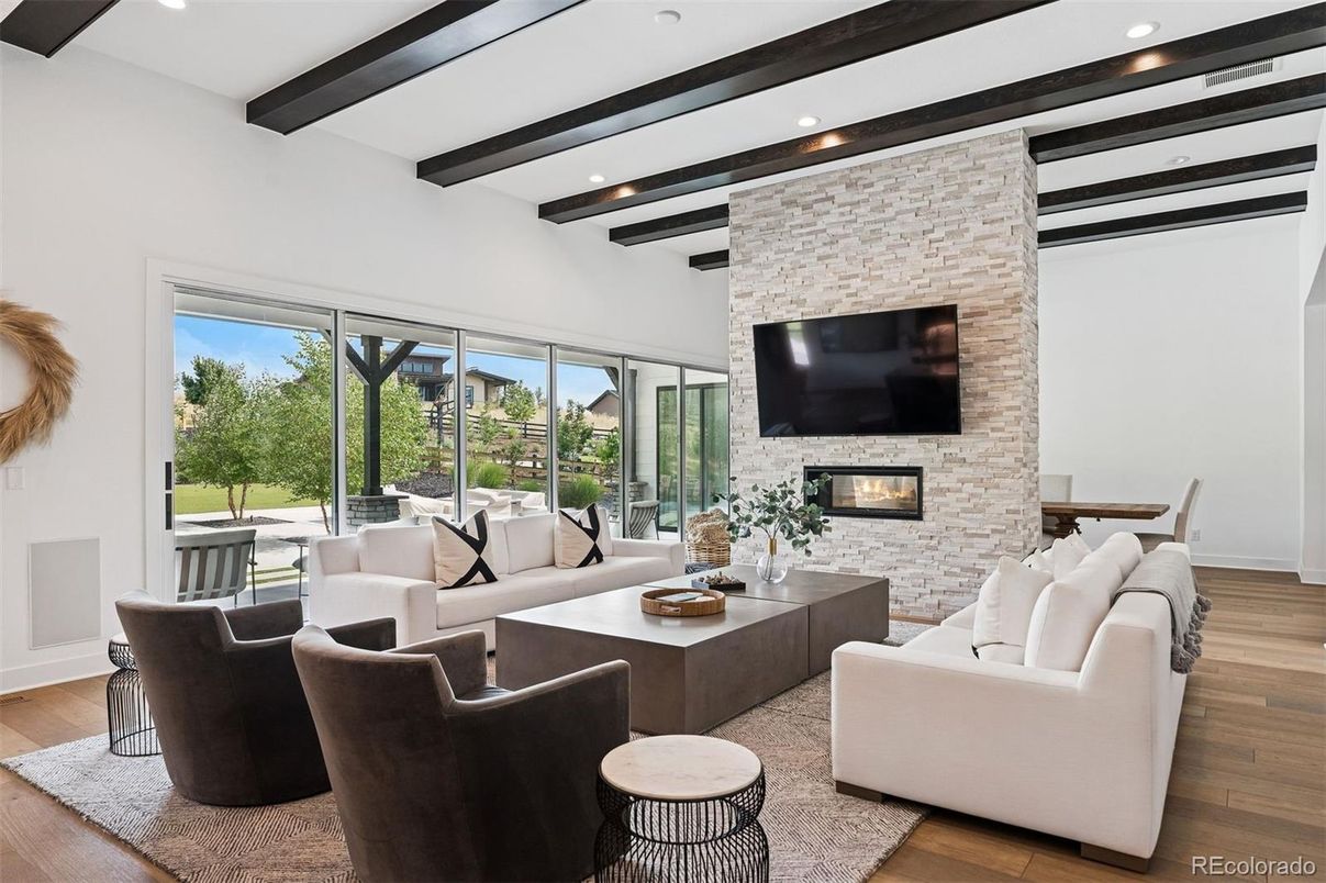 Fireplace, Interior, Living room, Recessed Lighting, Stone Walls, Wooden Beams, Wood Texture Flooring