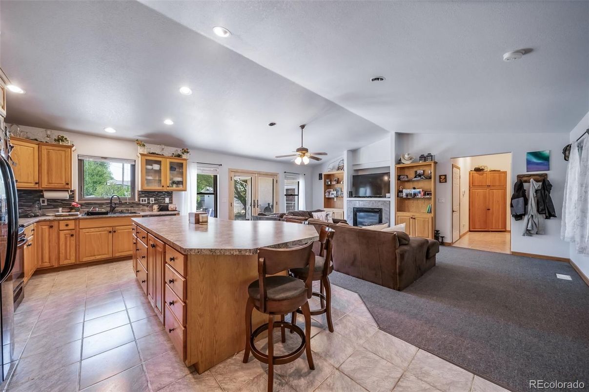 Fireplace, Interior, Kitchen, Living room, Recessed Lighting