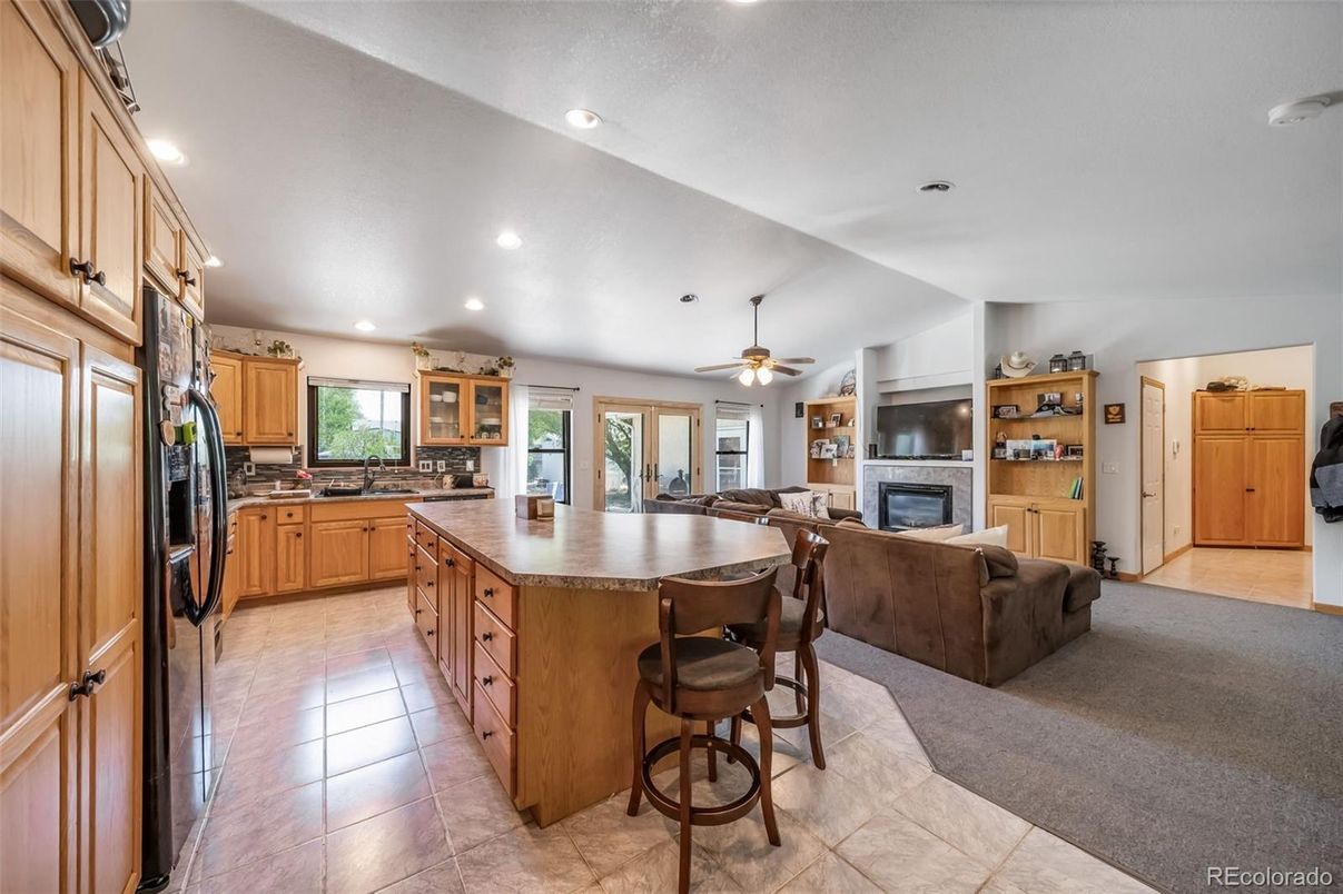 Fireplace, Interior, Kitchen, Living room, Recessed Lighting